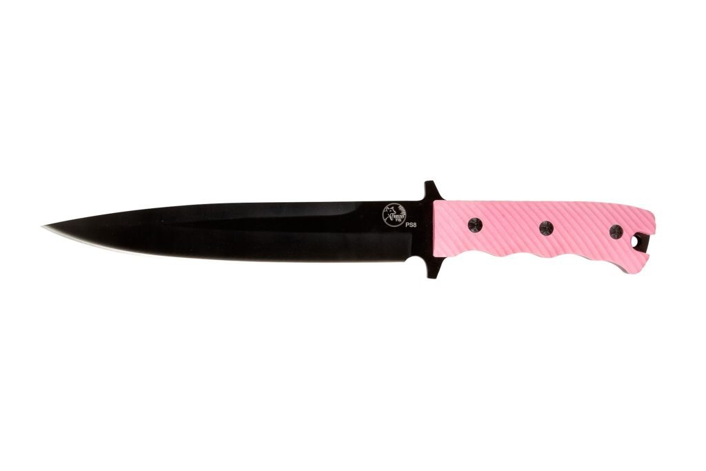 Pig Sticker 8″ Black Blade Hunting Knife , Pink G10 Non Slip Handle with Leather Sheath