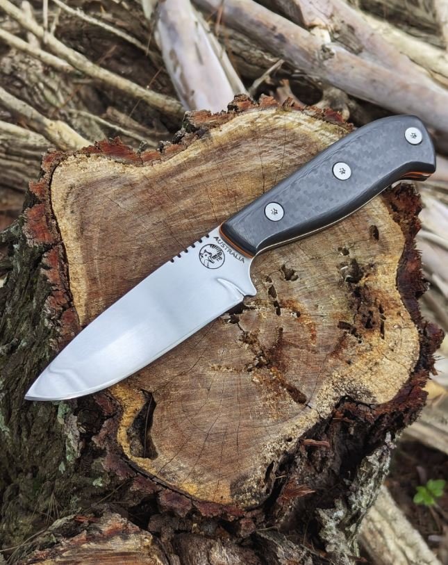 Australian Made Bushcraft Knife Nitro V steel Carbon Fibre Handle